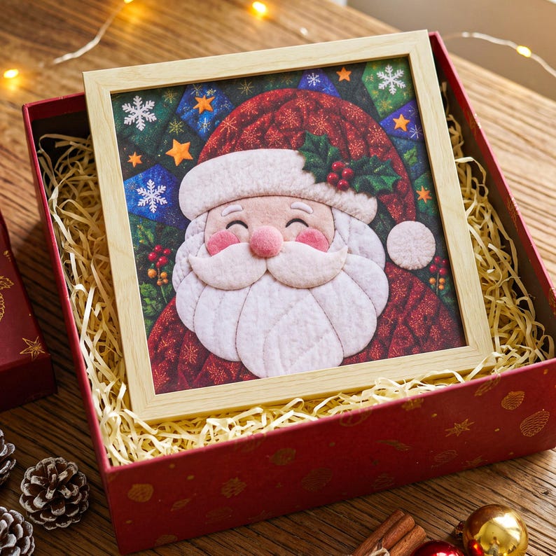 May include: A square wooden frame containing a quilted fabric art piece of Santa Claus. The design features a smiling Santa with a white beard, a red hat with holly berries, and a background of dark blue and green patches with white snowflakes and stars.