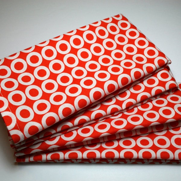 Large Cloth Dinner Napkins ~ 18" ~ Set of 4 ~ Mod Geometric Circles on Tangerine Hostess Wedding Gift