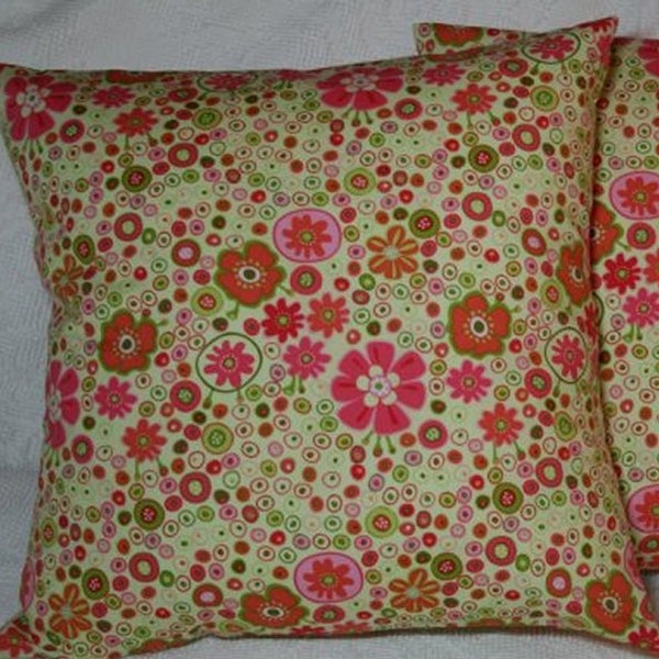 16" Inch Throw Pillow Cover, Blossom Lane Whimsical Flowers, Floral Pink Green Decorative Throw Pillow Cover, 16x16 Inch Accent Pillow Cover