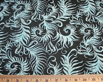 Henry Glass Fabric Aqua Blue Ferns on Black, FEATHERY FLORALS Collection Quilting Cotton Fabric By the Yard