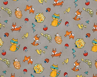 Free Spirit Animal Toss Grey, FOX PLAYGROUND by Dena Designs, Quilt Fabric, Fox Fabric, Animal Fabric, Children's Fabric Fabric By The Yard