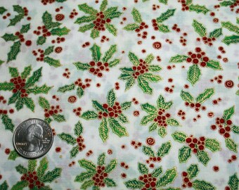 Clothworks Christmas Holly Berries Metallic White, ENCHANTMENT by Laurel Burch Cotton Fabric By the Yard