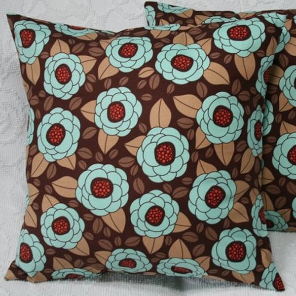 16" Inch Throw Pillow Cover, Blooms in Bark Brown Aqua, Floral Flowers Decorative Throw Pillow Cover, 16x16 Inch Accent Pillow Cover