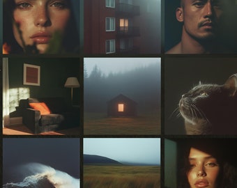 May include: A collage of nine images showcasing different styles of photography, including portraits, landscapes, and still life. The images are all in a dark, moody style, with a focus on realism and detail.