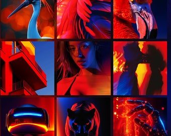 May include: A collage of images featuring neon-lit scenes with high contrast. The images include a crane, a flamingo, a woman, a couple, a VR headset, a panther, and a hand.