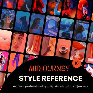Può includere: Un collage di immagini che mostrano diversi stili artistici generati da Midjourney, un popolare generatore di arte AI. Il collage presenta una varietà di soggetti, tra cui paesaggi, ritratti e design astratti. Il testo "Midjourney Style Reference" e "Achieve professional quality visuals with Midjourney" è visualizzato nella parte inferiore del collage.
