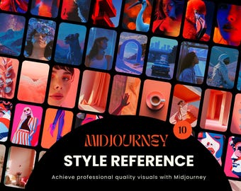 May include: A collage of images showcasing different artistic styles generated by Midjourney, a popular AI art generator. The collage features a variety of subjects, including landscapes, portraits, and abstract designs. The text "Midjourney Style Reference" and "Achieve professional quality visuals with Midjourney" is displayed at the bottom of the collage.