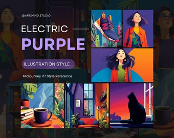 May include: An illustration with the text "ELECTRIC PURPLE ILLUSTRATION STYLE" and "@ARTIMIND STUDIO". The image features a series of colourful panels, including a trainer, portraits of women, a cat, and a cup of coffee.