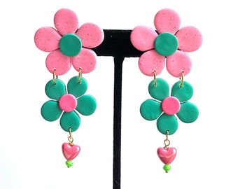 Double Daisy Love Earrings bright pink and aqua flower earrings polymer clay earrings