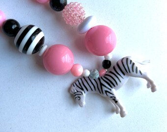 Zebra Pendant Necklace wild animal necklace pink black white beads beaded necklace