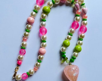 Strawberry Pendant Necklace No. 1 pearls pink aqua hand strung