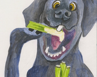 New York Dogs Series Loosey Eating Celery Mixed Media Image Print On Acid Free Paper