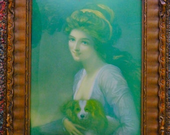 Vintage Victorian Woman and Dog in Frame Print with Concave Glass