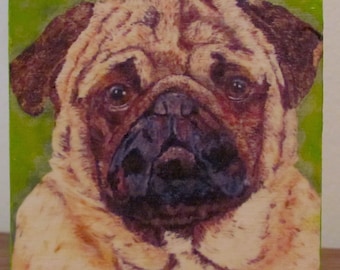 Pug Dog Folk Art  Image Transfer On Wood Small Dog Art For Wall or Desk