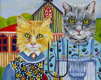 American Gothic Style Cat Commissioned Portrait Painting