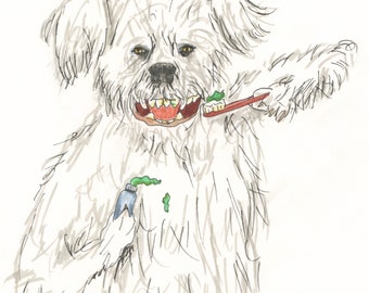 New York Dogs Series Nab Brushing His Teeth Mixed Media Image Print On Acid Free Paper