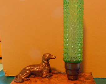 Vintage Art Deco Borzoi Dog Lamp With Metal Dog and Green Glass Light Cover Works