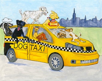 New York Dogs Series  Dog Taxi Mixed Media Image Print On Acid Free Paper