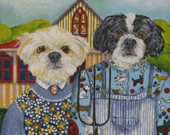 American Gothic Style Dog Commissioned Portrait Painting 8" x 8"