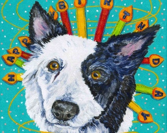 Border Collie Dog folk art style painting on canvas Happy Birthday