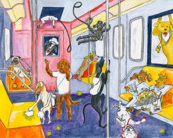 New York Dogs Series Subway Ride to Coney Island Mixed Media Image Print On Acid Free Paper