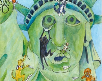 New York Dogs Series  Statue of Liberty Mixed Media Image Print On Acid Free Paper