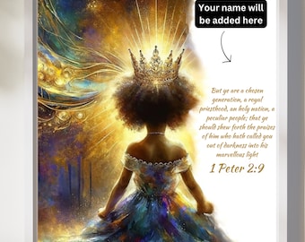 Nombre personalizado Versículo bíblico imprimible, Arte de la pared de las Escrituras de la niña afroamericana, Arte de la pared cristiana, Cartel del versículo bíblico, Dormitorio para niños pequeños