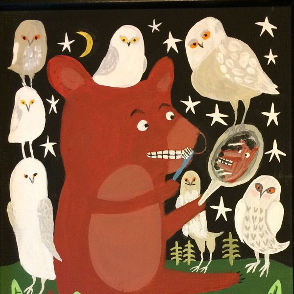 Bear & Owl Art Print - Brush Your Teeth Before Hibernating - Framed Whimsical Outsider Folk Artwork by Sara Pulver