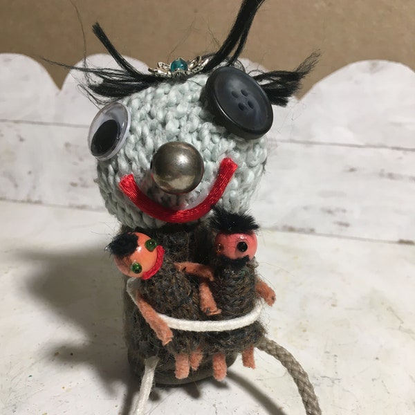 Carker and his Twinsees - Original Handmade Mini Plush Folk Outsider Art Doll by Sara Pulver