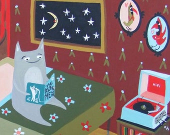 May include: A gray, furry creature sits on a bed reading a book titled "The Cats Meow". The bed has a green and white floral patterned bedspread. A record player with a record titled "Tom Cat Blues" is on a side table. The room has red walls with a repeating pattern of brown V shapes.