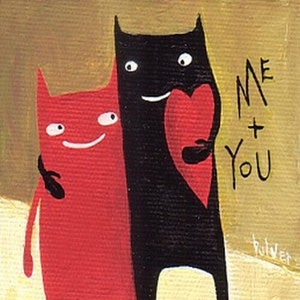 Whimsical Art Valentines Day Cat Art Card Cats with Heart Art Card Me and You image 1