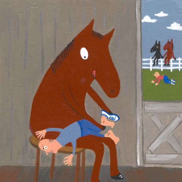 Horse Note Card - Funny Blank-on-the-inside Art Print Horse Shoes Man Folk Art Animal Card