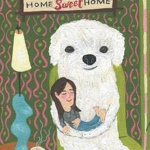 Carte de correspondance chien blanc et fille - Art populaire duveteux petit caniche blanc Bichon frisé Bolognaise cotonaise oeuvre d'art anniversaire carte de fête des mères