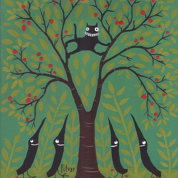 Funny Cat ACEO - Black Cat Treed by Crow Gang ACEO - ATC Art Trading Card Mini Print Folk Art Animal Card Sara Pulver 3crows 3 Crows Artwork