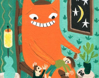 Orange Cat Art Print - Funny Whimsical Ginger Tabby Cat Groomer Art Girl . Outsider Folk Artwork - Funny Teal Blue Green Groomer Wall Decor