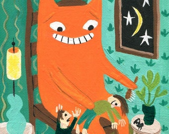 Funny Orange Cat Note Card -Whimsical Ginger Tabby Cat Grooms Girl . Outsider Folk Groomer, Grooming Artwork