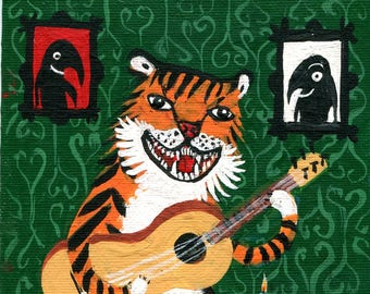 Tiger & Crows Art Print - Go Cat Go! - Whimsical Guitar Music Outsider Folk Rock n Roll Rockabilly Artwork Wall Decor Art Print