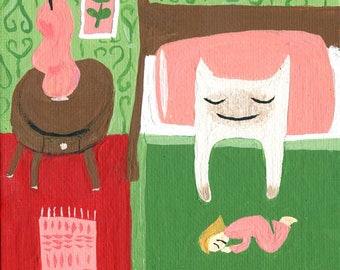 Siamese Cat Art Print - Whimsical Funny Folk Cat Sleeping in Bedroom Artwork Wall Decor - Sara Pulver