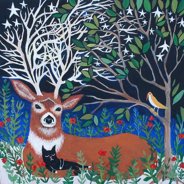 Deer w Sleeping Black Cat Art Print - Woodland Buck Reindeer Art Print Artwork 8"x8" Square Sara Pulver 3crows Night Art Print
