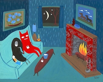 Cat n Crow ACEO Mini Art Print - ATC ARt Trading Card Fire in the Fireplace - Folk Art Animal 2.5"x3.5"