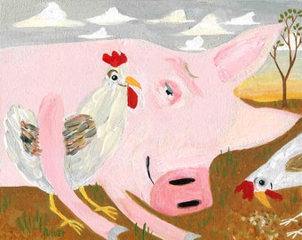 Pig and Chicken Art Print - Animal Friends Folk Art by Sara Pulver - Farmhouse Country Homestead Wall Decor Artwork