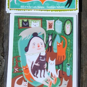 Conjunto de cartões Cat Lady - 4 cartões engraçados e caprichosos de arte