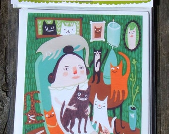 Conjunto de cartas de la dama del gato - 4 divertidas tarjetas de notas de arte caprichosas