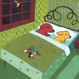 Carte chien drôle - les chiens dorment dans le lit, les gens à pied - carte pour notes d'art populaire de laboratoire lunatique carte de Labrador retriever