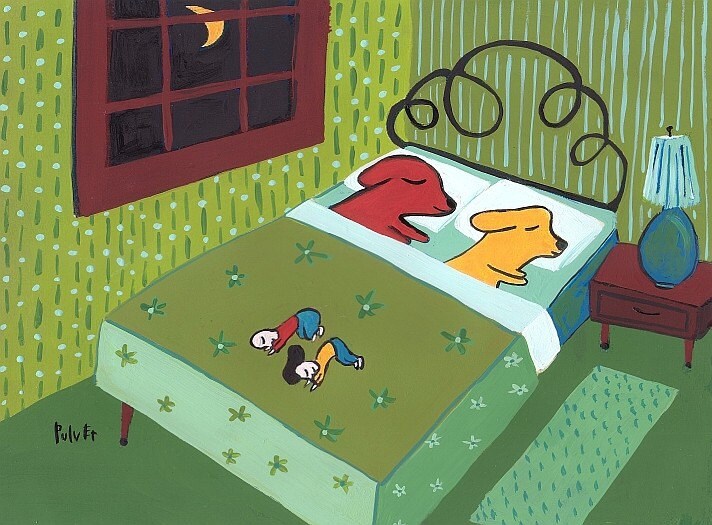 Funny Dog Card - Dogs Sleep in Bed, People at Foot - Whimsical Lab Folk Art Notecard Labrador Retriever Card
