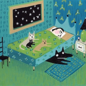 Katten en honden Art Note Card - grappige huisdieren wakker in bed terwijl Mama slaapt - grillige redding verjaardagskaart Moederdag kaart BFF kaart