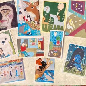 10 Animal Note Cards - Fun Folk Art Greeting or Gift Cards - Assorted Sizes, Cats Dogs Crow Cards Sara Pulver 3crows