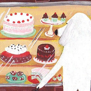 May include: An illustration of a white dog looking at a display case filled with cakes and cupcakes. The cakes are decorated with frosting and cherries. The display case is in a bakery.