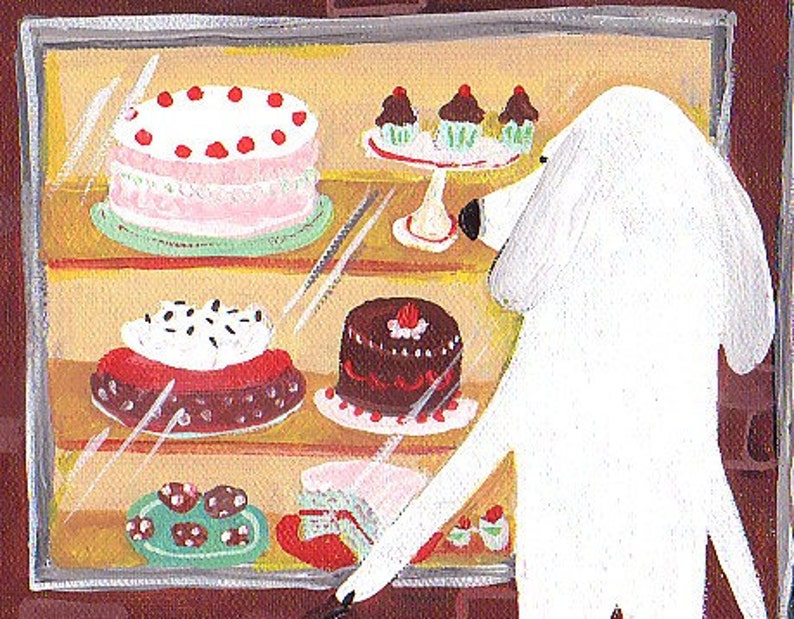 May include: An illustration of a white dog looking at a display case filled with cakes and cupcakes. The cakes are decorated with frosting and cherries. The display case is in a bakery.