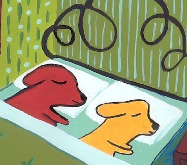 Dog Art Print Funny Dogs Sleep in Bed Humans Sleep at Foot Etsy